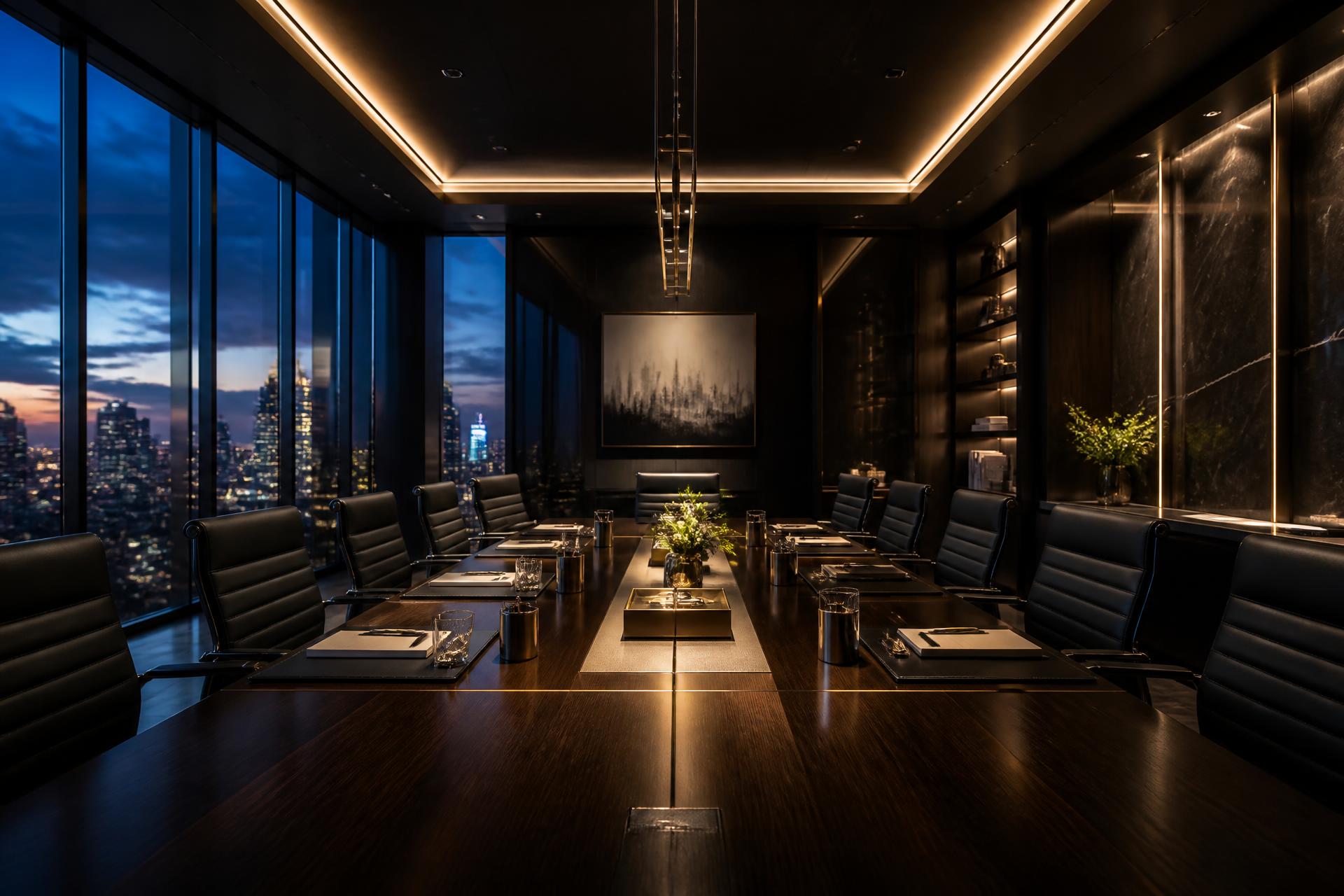 Sala de reunião executiva ao entardecer com vista para o skyline